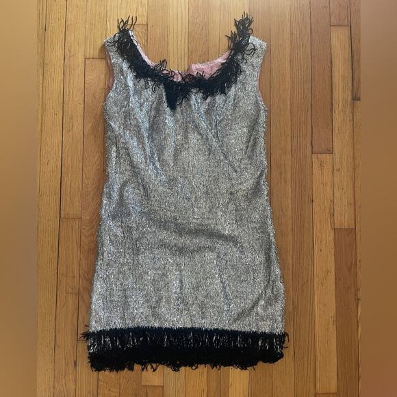 60s Vintage Silver Eyelash Tinsel Mini Dress with Black Fringe - Picture 7 of 15